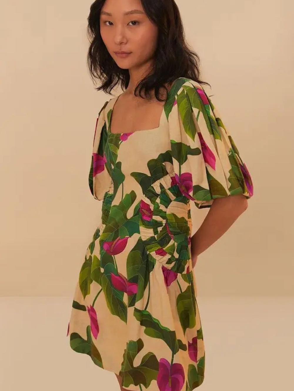 NWT Farm Rio - Sand Anthurium Leaves Mini Dress - Size S